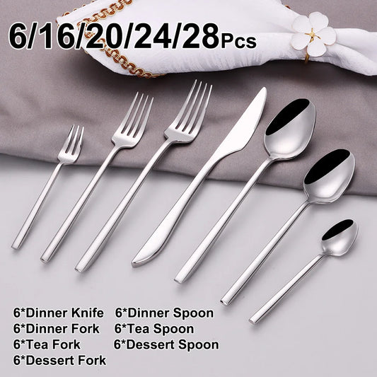 6/16/20/24/28Pcs Cutlery Set Stainless Steel 304 Tableware Mirror Sliver Dinner Set Western Knife Fork Spoon Elegant Flatware