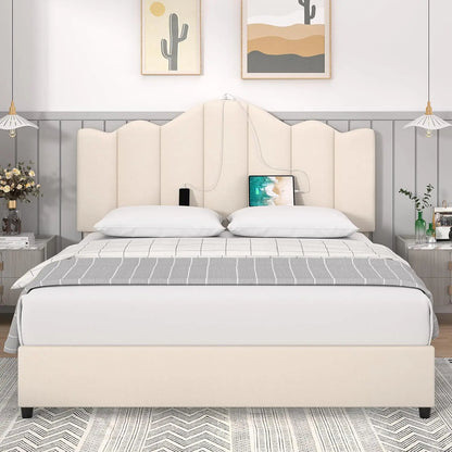 Queen Size Platform Bed Frame with Charging Stations & 4 Storage Drawers, Upholstered Adjustable Headboard, Wooden Slats Support