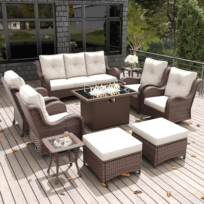 10 Pieces Outdoor Patio Furniture Set with Fire Pit Table, Rattan Wicker Sectional Swivel Rocker Chairs Sets with, Customized