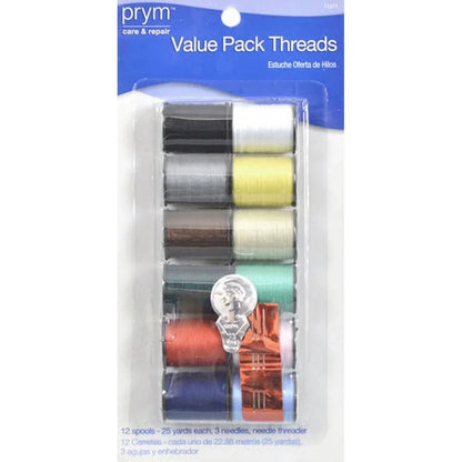 12 Count Assorted Colors Durable Polyester Sewing Thread Spools 6 Pack Bobbins 25 Yd Quilting Repair Needles Threader Value Kit