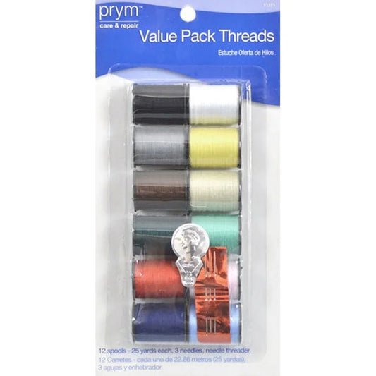 12 Count Assorted Colors Durable Polyester Sewing Thread Spools 6 Pack Bobbins 25 Yd Quilting Repair Needles Threader Value Kit