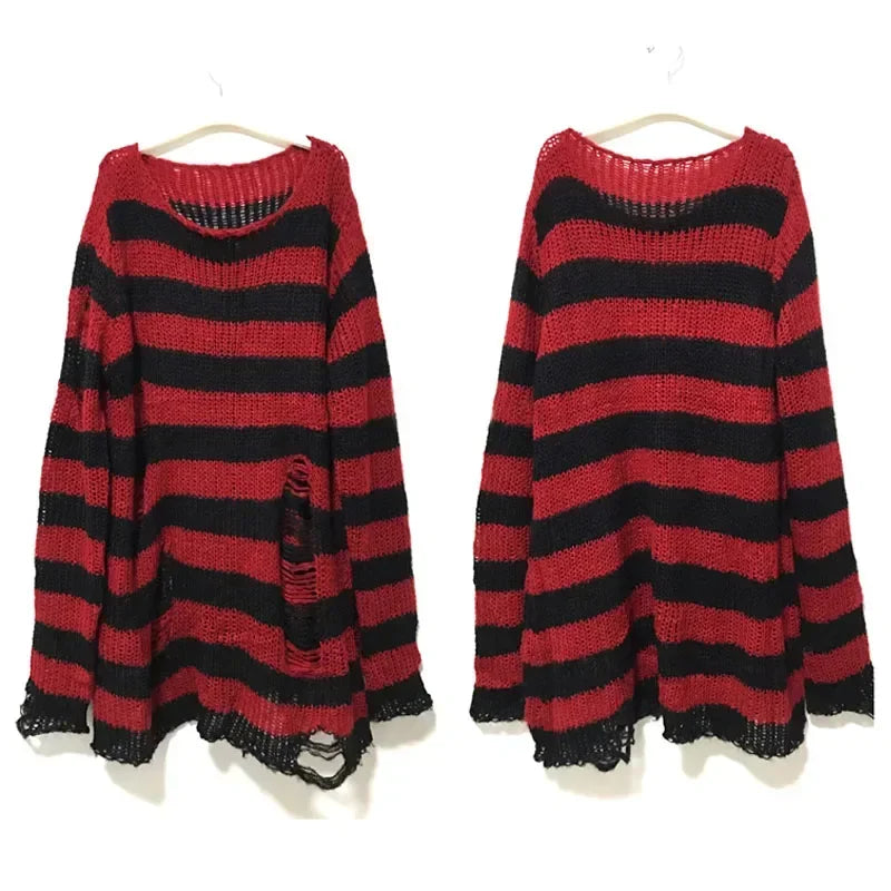 Autumn Punk Gothic Top Long  Unisex Sweater Women Striped Cool Hollow Out Hole Broken Jumper Loose Rock Thin Dark Streetwear