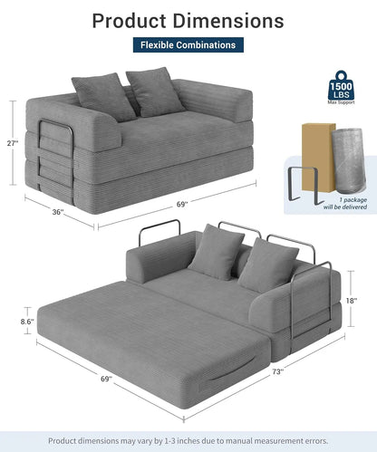 Cloud Boneless Convertible Floor Sofa Bed, 70" 4-in-1 Foldable Compressed Loveseat Lounge Sleeper 2 Seater Couches, Customized
