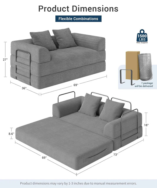 Cloud Boneless Convertible Floor Sofa Bed, 70" 4-in-1 Foldable Compressed Loveseat Lounge Sleeper 2 Seater Couches, Customized