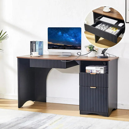 Modern Oak Computer Desk 55 Inch with Keyboard Tray And Power Outlets 2-in-1 Main Drawer with Adjustable File Drawer,Customized