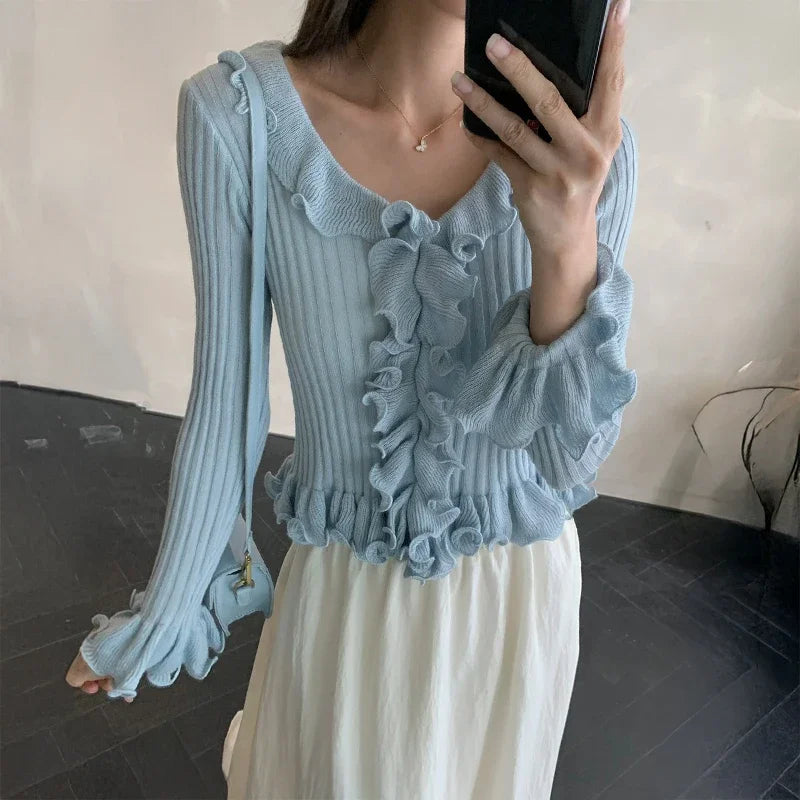 Women's Ruffled Sweater Long Sleeve Slim Fit Rib Knit Top Pullover Jumper Ladies Knitwear Autumn Winter Fairycore Outfit