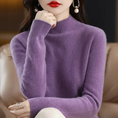 Women's Knitwear Autumn Winter Sweater Korean Basic Solid Long Sleeve Pullovers Warm Bottoming Shirts Half High Collar Black Red