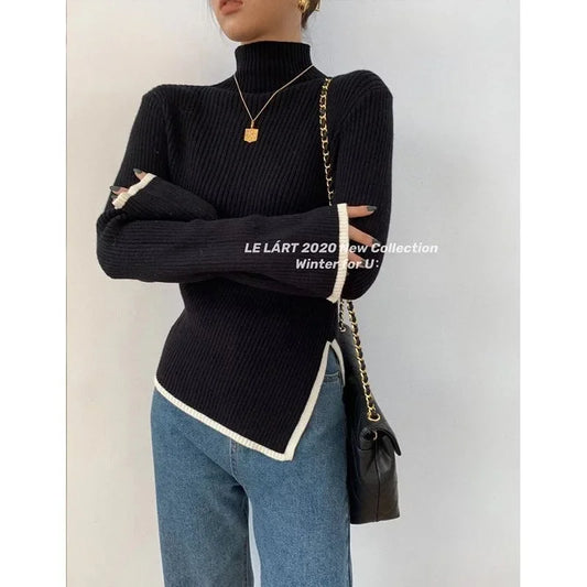 High Collar Knitted Sweater Women's Autumn Winter Loose Style Irregular Design Comfortable Lazy Fashion Early Autumn Top