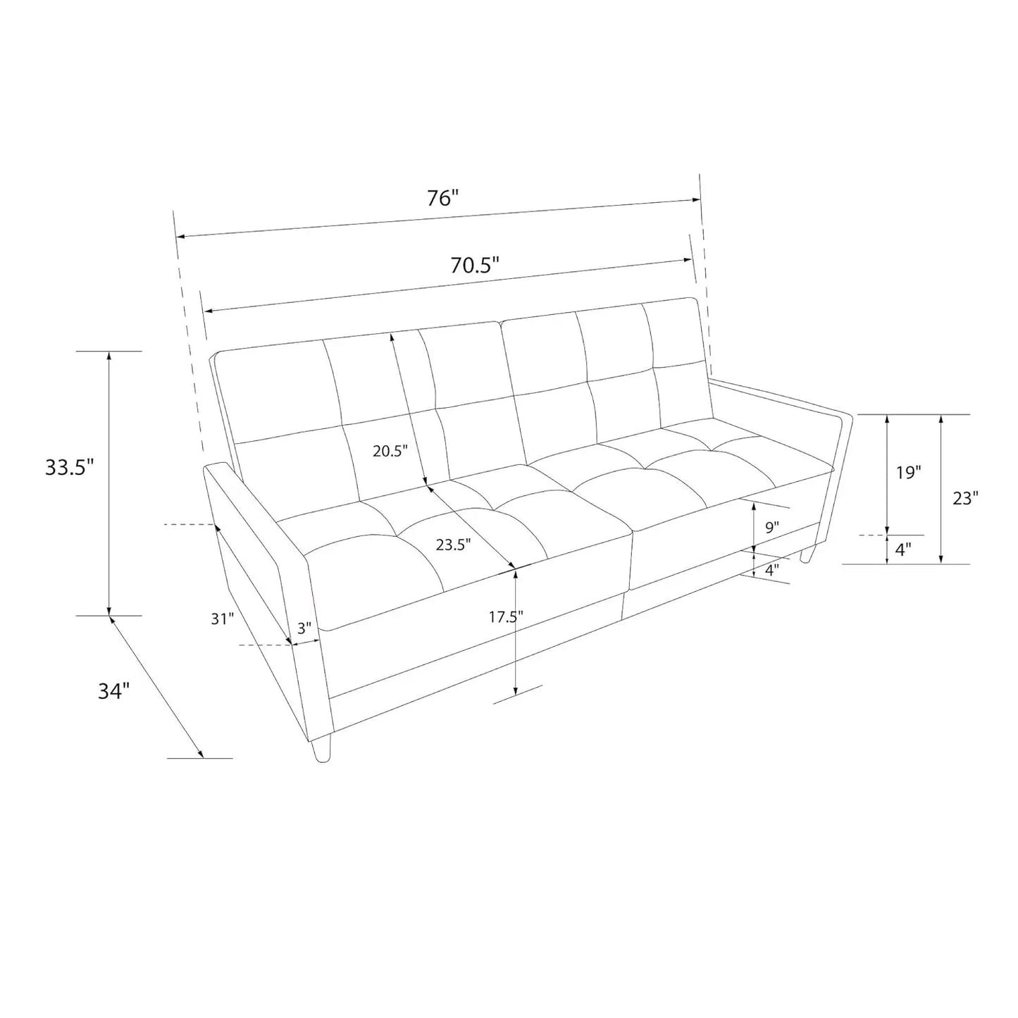 Andora 76 Inch Futon Sofa Bed, Modern Upholstered Couch Sleeper with Button Tufted Back and Seat, Dark Gray