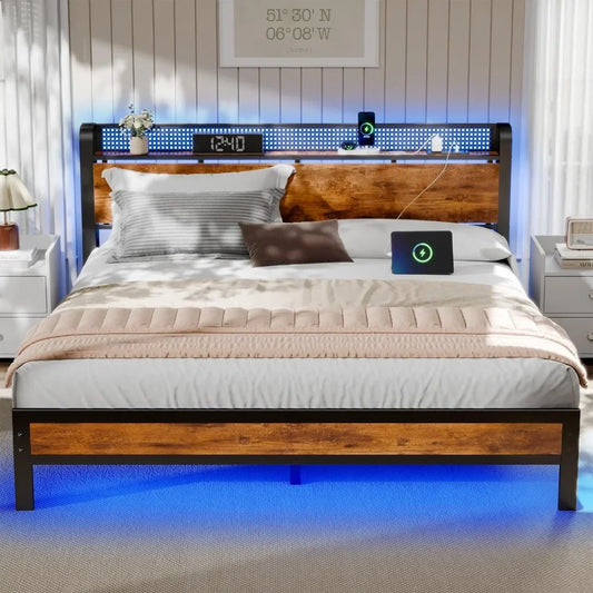 Bed Frame with Charging Station and LED Lights,Industrial Platform Beds Queen Size with Storage Headboard,USB Port,Rustic Wood