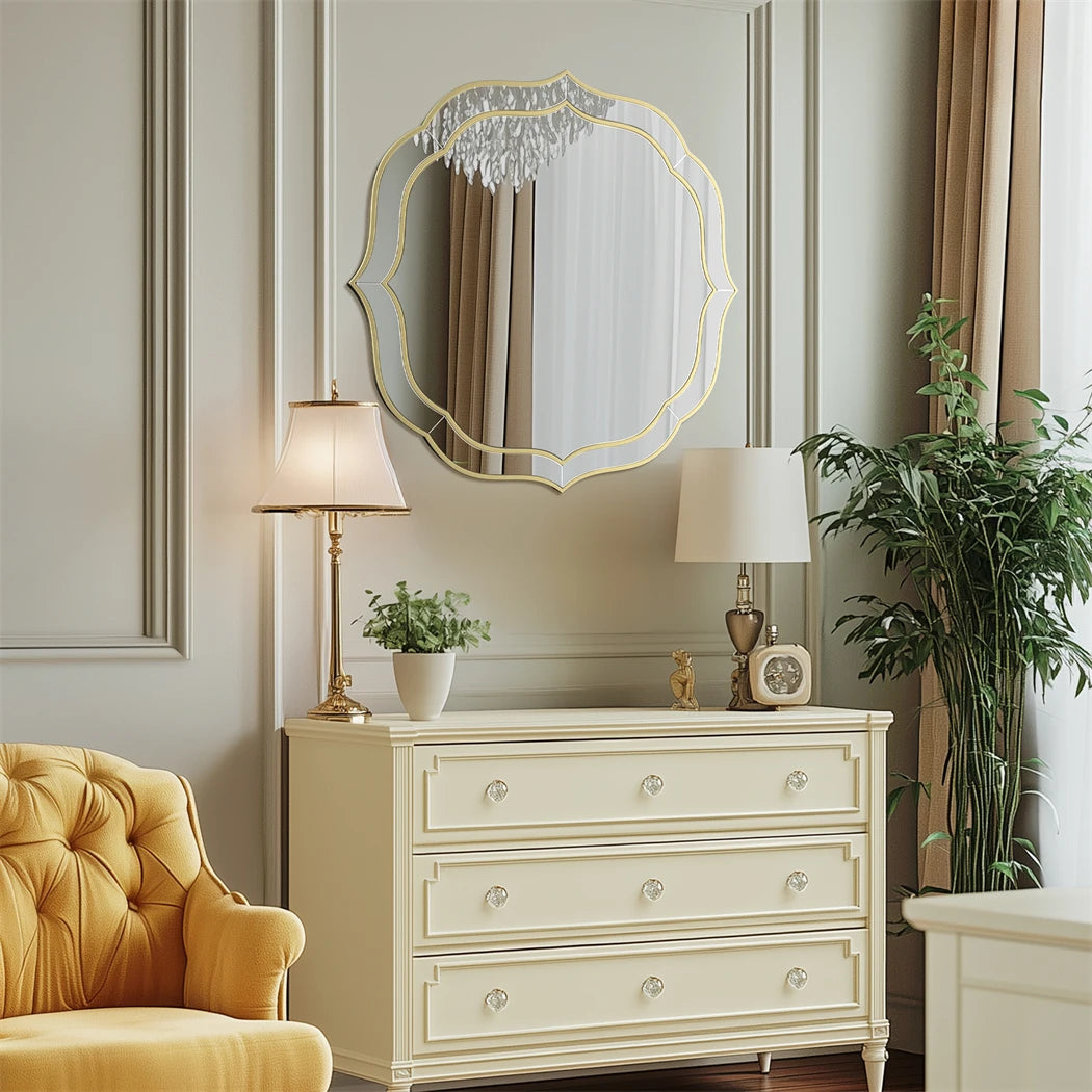 Large Wall Mirror Modern Decorative Mirror Flower Shaped Accent Mirror Beveled Golden Rim for Hallway Living Room Bedroom