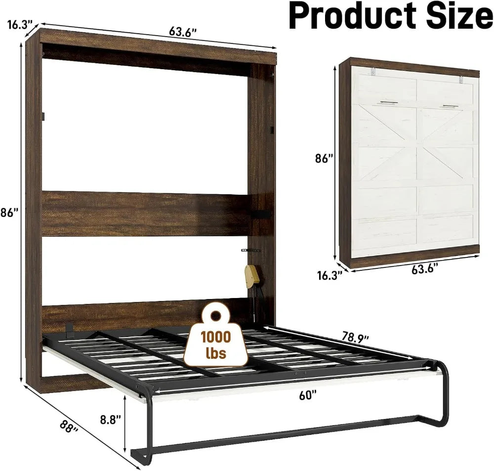Queen Size Murphy Bed with LED Lights, Farmhouse Wood Hidden Wall Bed Frame, Space-Saving Storage Cabinet for Bedroom Office