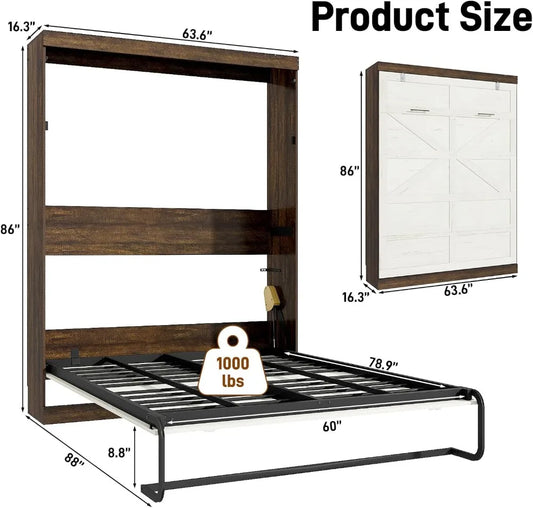 Queen Size Murphy Bed with LED Lights, Farmhouse Wood Hidden Wall Bed Frame, Space-Saving Storage Cabinet for Bedroom Office