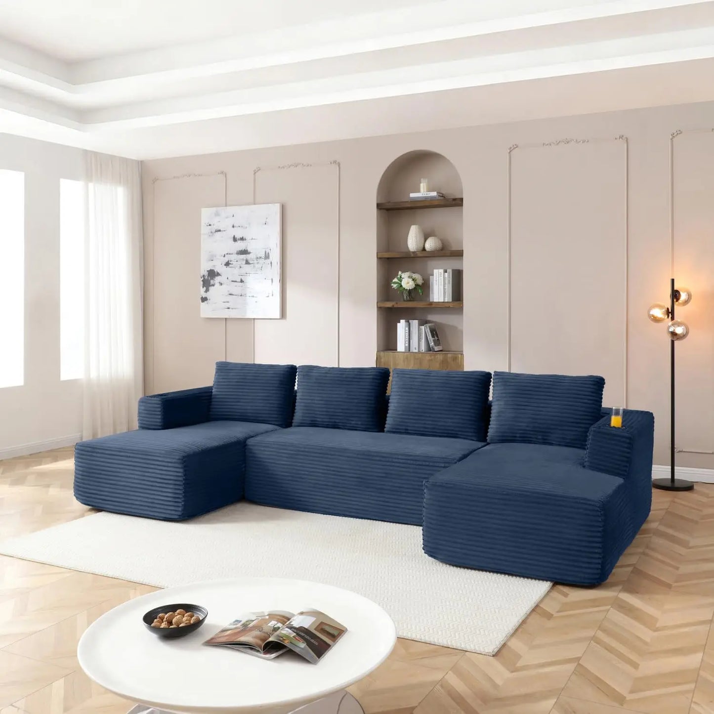 132" Modular Sectional Sleeper Sofa, Boneless Cloud Couch for Living Room, U Shaped 5 Seat Sofa with 2 Cup Holders,, Customized
