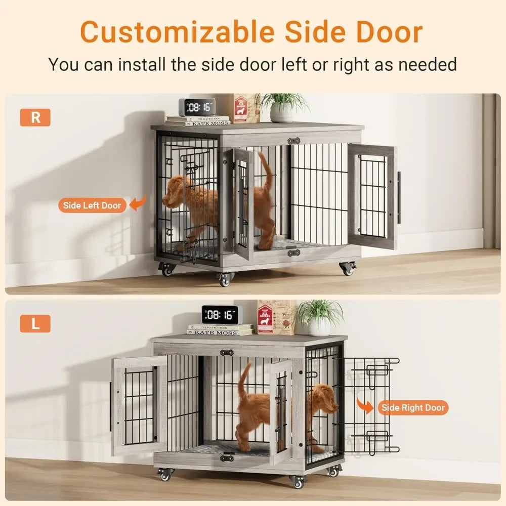 Dog Kennel Indoor Double Doors Wooden Dog Cage,  Heavy Duty Dog Crate with Cushion&Wheels,Decorative End Table Pet House