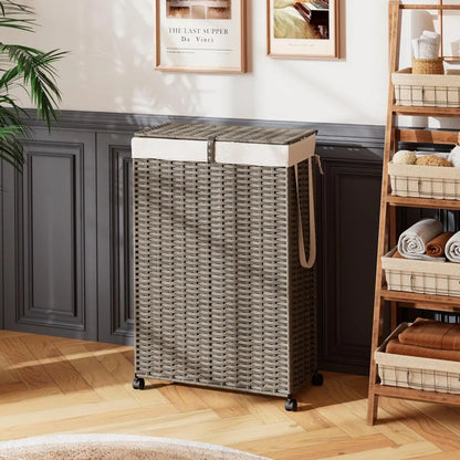 Wheeled Laundry Hamper with Lid and 90-Liter Capacity, Collapsible Rattan Basket for Clothes Sorting