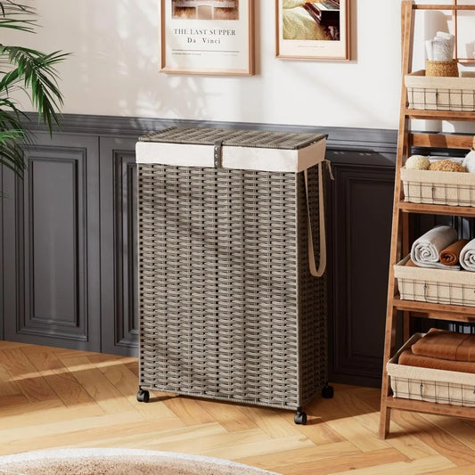 Wheeled Laundry Hamper with Lid and 90-Liter Capacity, Collapsible Rattan Basket for Clothes Sorting