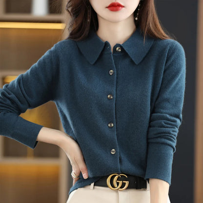 2024 Women's POLO Collar Knitted Cardigan Basic Versatile Top Spun Wool Jacket Elegant Single Breasted Sweater DMR430