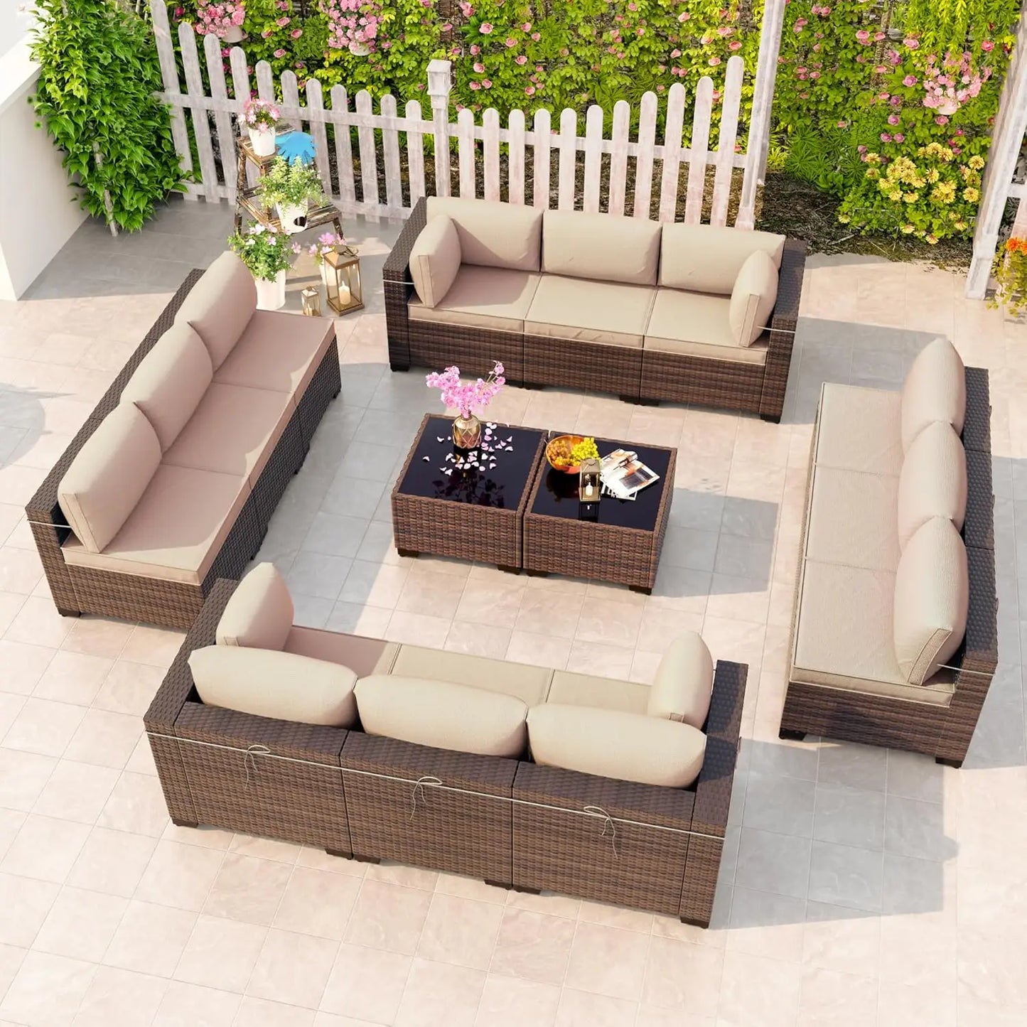 12 Pieces Outdoor Patio PE Rattan Sectional Sofa Set with Cushions & Tempered Glass Coffee Table for Garden Porch, Customized