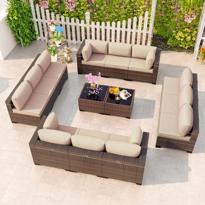 12 Pieces Outdoor Patio PE Rattan Sectional Sofa Set with Cushions & Tempered Glass Coffee Table for Garden Porch, Customized