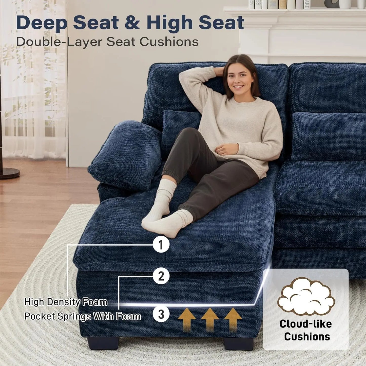 114" U Shape Sectional Cloud Couch with Ottoman,Fluffy Sectional Couches for Living Room,4 Seater Modular, Customized