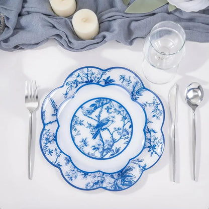 LIYH 60 Pcs Blue Plastic Plates Set Heavy Duty Floral and White Plastic Plates for Party Wedding Elegant Plate Bridal Shower Fl