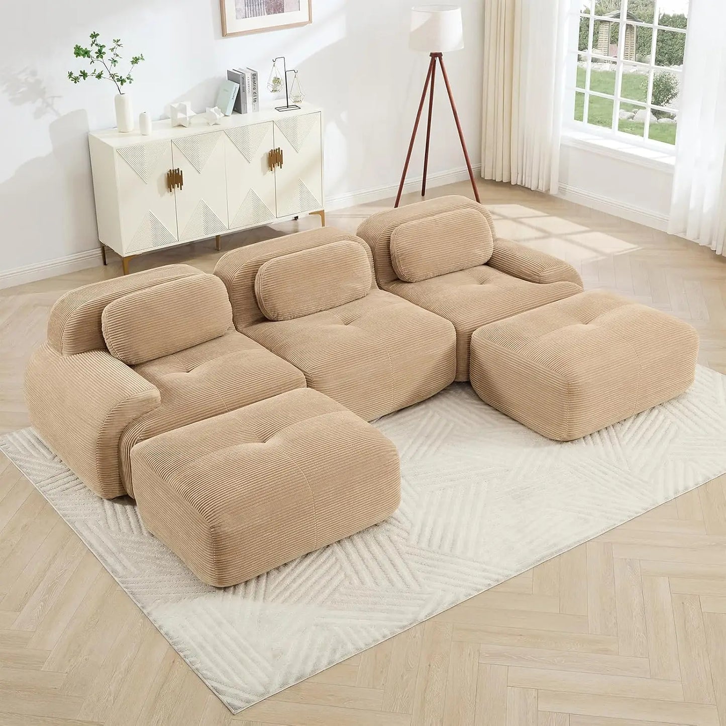 116" Modern Corduroy Cloud Sofa with Ottoman, U Shaped Boneless Modular Large Sectional Couches for Living Room, Green 3 Seater