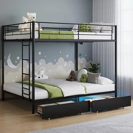 Twin Over Twin Metal Bunk Bed with LED Lights, USB Charging Station, 2 Drawers, Guard Rails & Ladder – No Box Spring Needed,