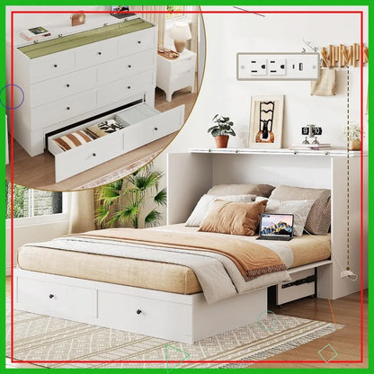 Queen Murphy Bed with Storage & Charging Station, Foldable Cabinet for Guest Room, Living Room, Office - Distressed White