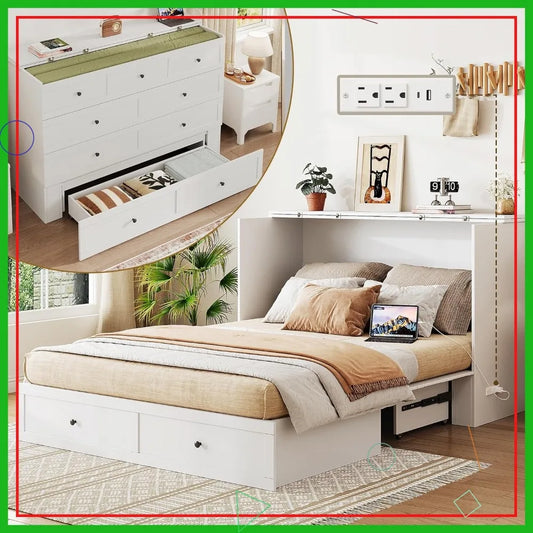 Queen Murphy Bed with Storage & Charging Station, Foldable Cabinet for Guest Room, Living Room, Office - Distressed White