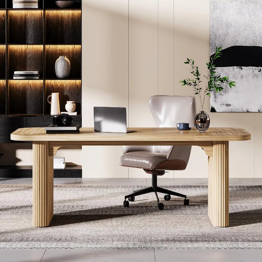 62-Inch Modern Executive Desk with Natural Oak Finish Large Aesthetic Wood Office Desk Featuring Double Pedestal Storage Ideal