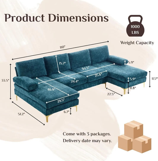 U-Shape Convertible Sectional Sofa with Chaise, 4-Seat Chenille Fabric Couch for Living Room, Office - Peacock Blue