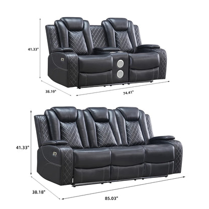 Power Reclining Sofa Couch with Wireless Charger 3 Seaters Recliner  Reading Light Leather Bluetooth Speaker Theater Seating LED