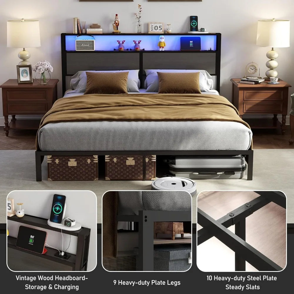 King Size Bed Frame with Headboard, Metal Platform Bed Frame with LED Lights & Charging Station, Under Bed Storage, Solid and St