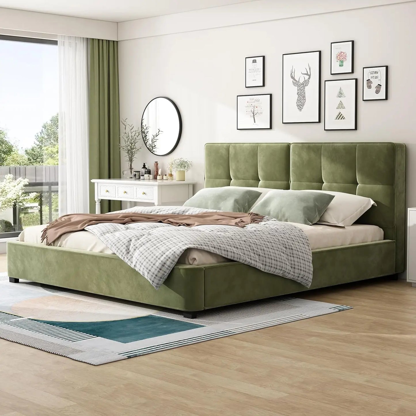 King Size Velvet Bed Frame with Curved Tufted Headboard, Wooden Platform Bed Frame with Soft Square Corners, Heavy, Customized