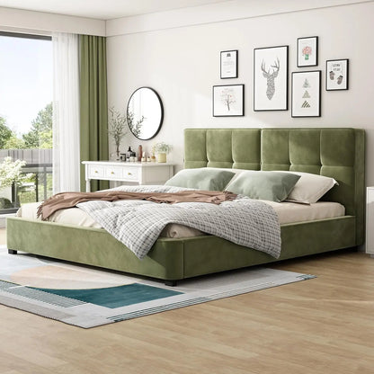 King Size Velvet Bed Frame with Curved Tufted Headboard, Wooden Platform Bed Frame with Soft Square Corners, Heavy, Customized