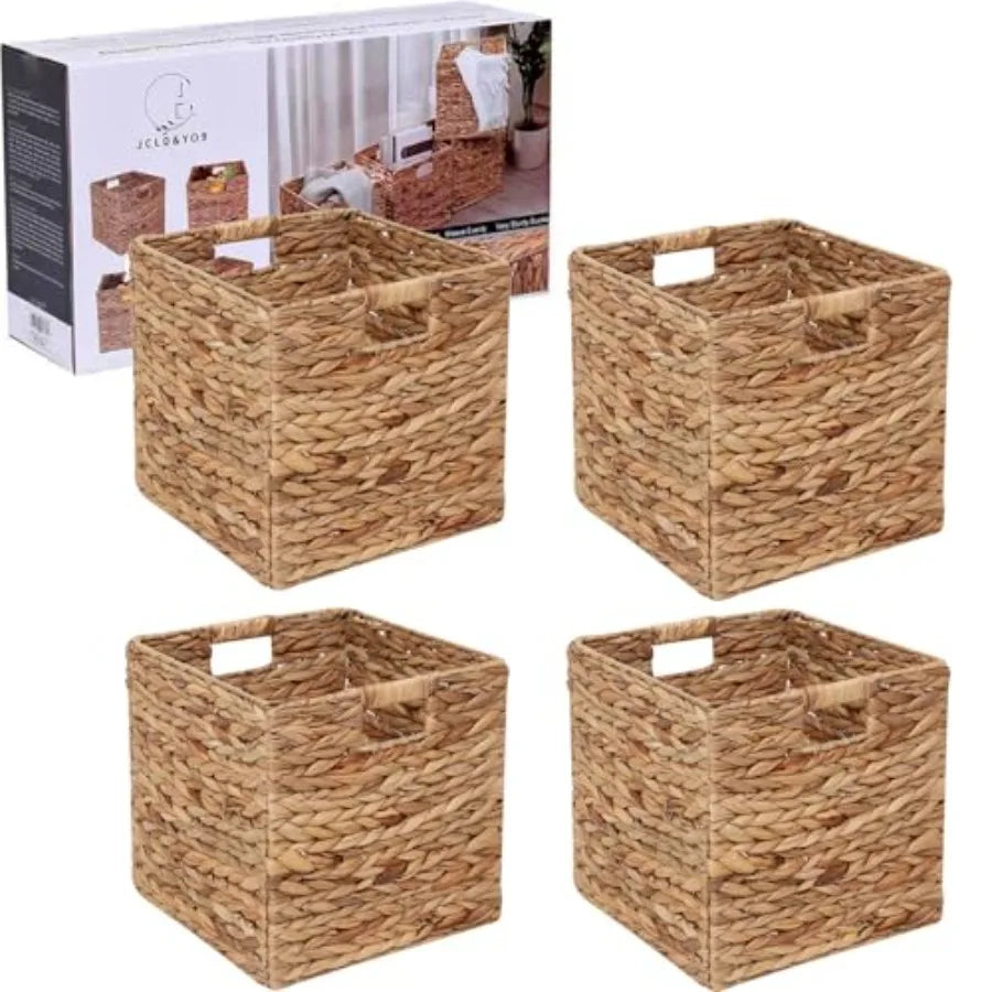 12x12in Storage Baskets Set of 4 Water Hyacinth Baskets Foldable Handwoven Storage Cubes Wicker Cube Baskets Laundry Organizer