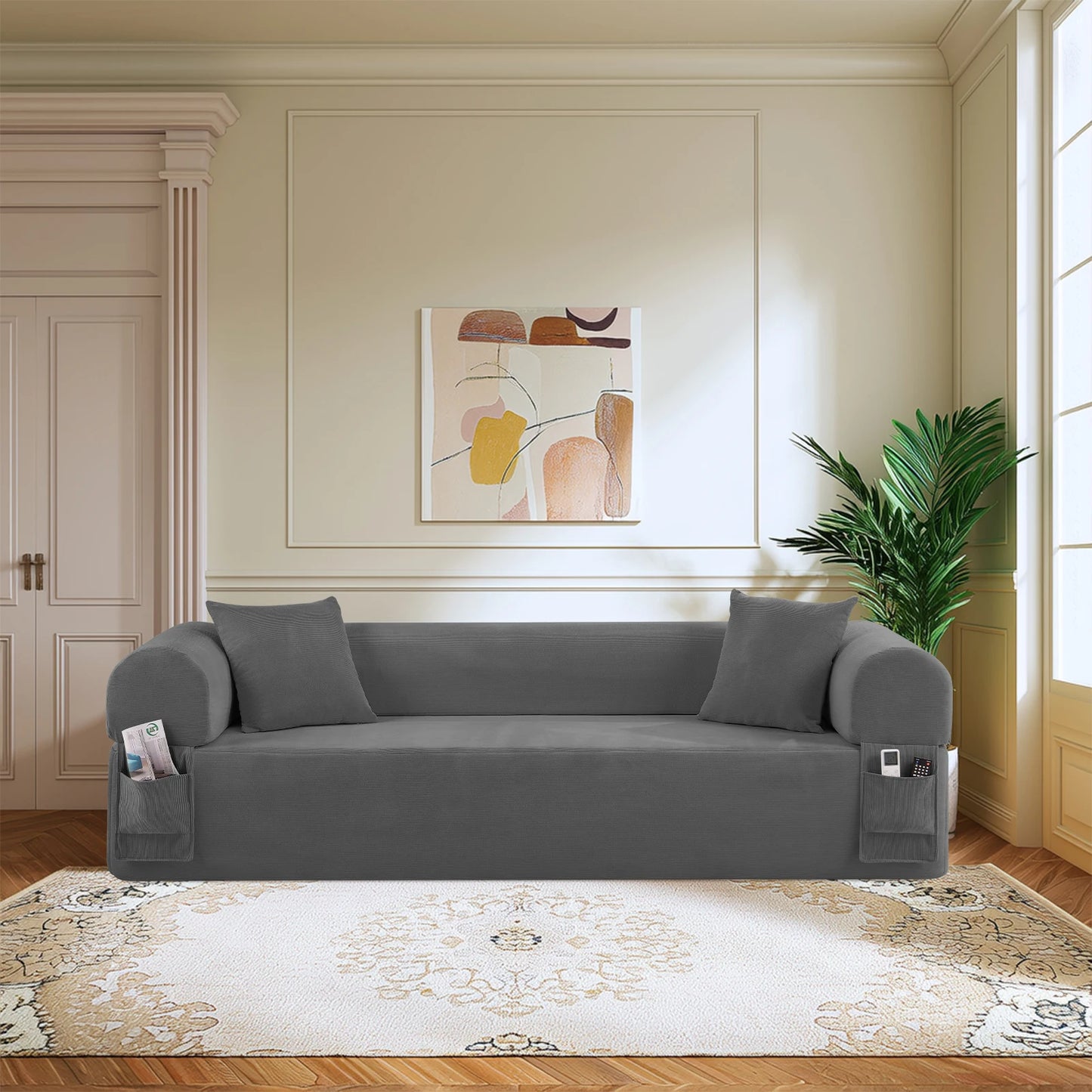 Sofa in a Box, No Assembly 3-Seater Floor Sofa Couch with 2 Pillows & Corduroy Fabric & Side Storage Pockets