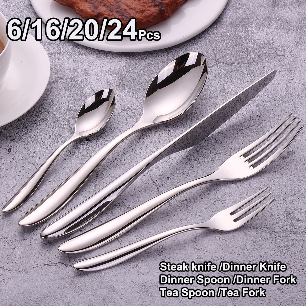 6/16/20/24Pcs Sliver Tableware Stainless Steel 304 Cutlery Set Mirror Knife Fork Spoon Western Dinner Set Smooth Handle Flatware