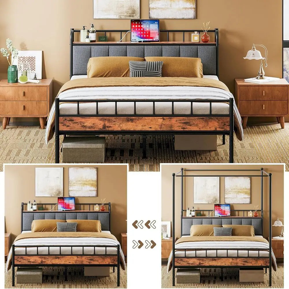 LIKIMIO Canopy Bed Frame Queen, Storage Headboard with Charging Station, Platform Bed with 4 Removable Sturdy Posts, Noise Free