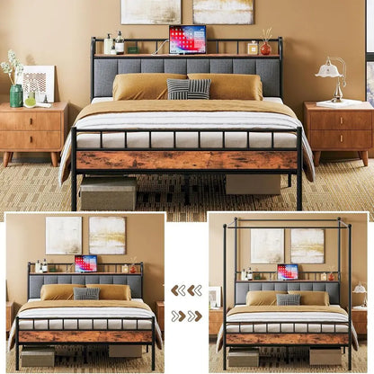 LIKIMIO Canopy Bed Frame Queen, Storage Headboard with Charging Station, Platform Bed with 4 Removable Sturdy Posts, Noise Free