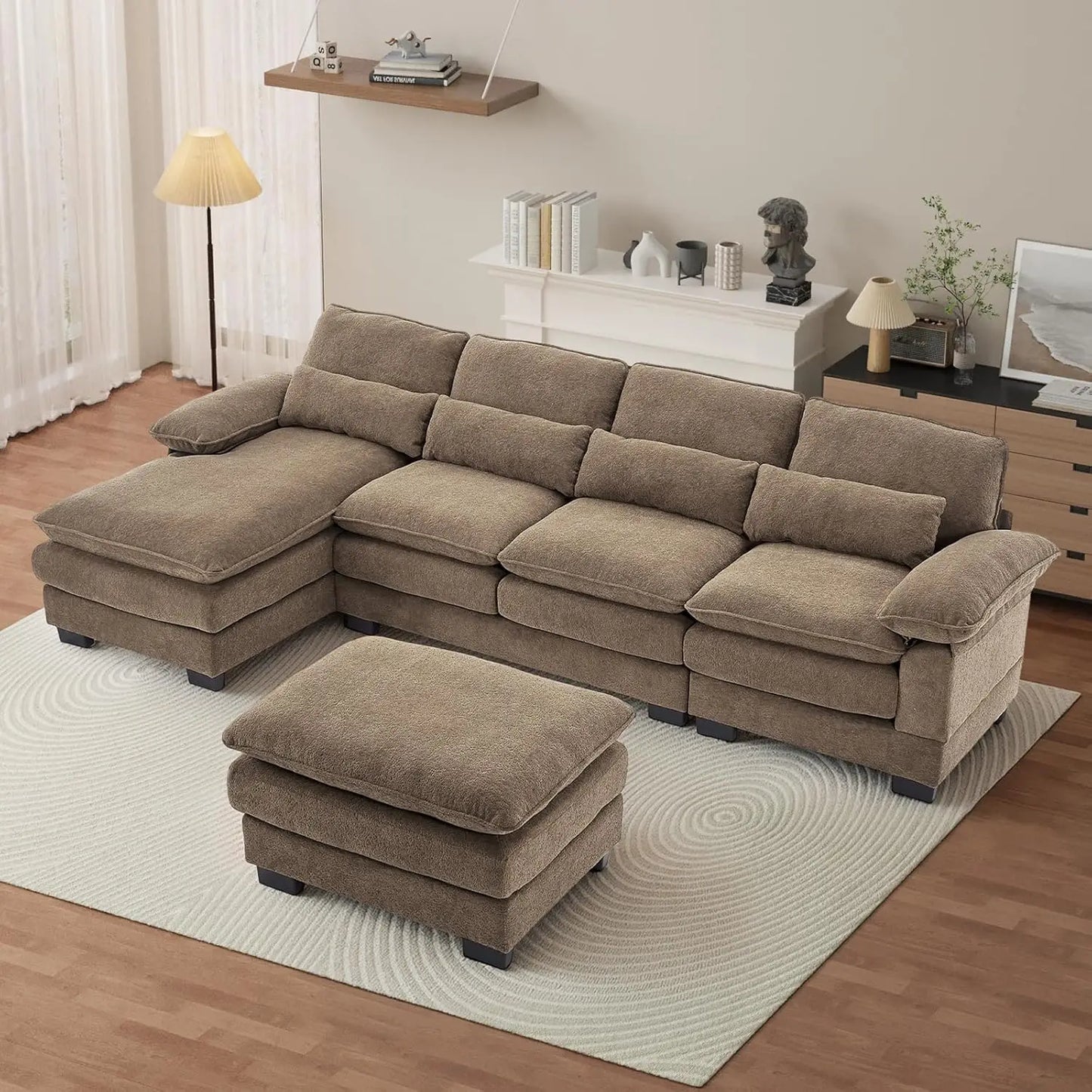 114" U Shape Sectional Cloud Couch with Ottoman,Fluffy Sectional Couches for Living Room,4 Seater Modular, Customized