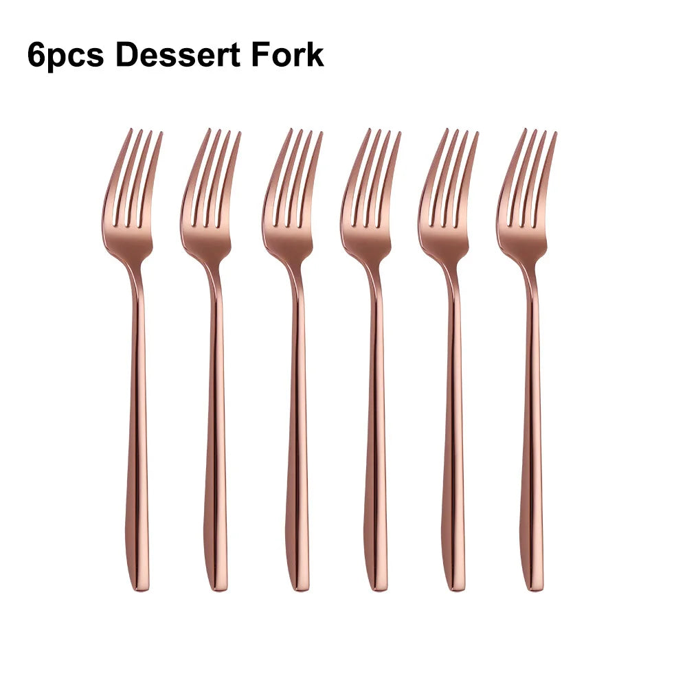 6Pcs Elegant Gold Flatware Set Stainless steel 304 Cutlery Mirror Silverware Rose Knife Fork High Polish Western Dinner Set