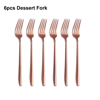 6Pcs Elegant Gold Flatware Set Stainless steel 304 Cutlery Mirror Silverware Rose Knife Fork High Polish Western Dinner Set