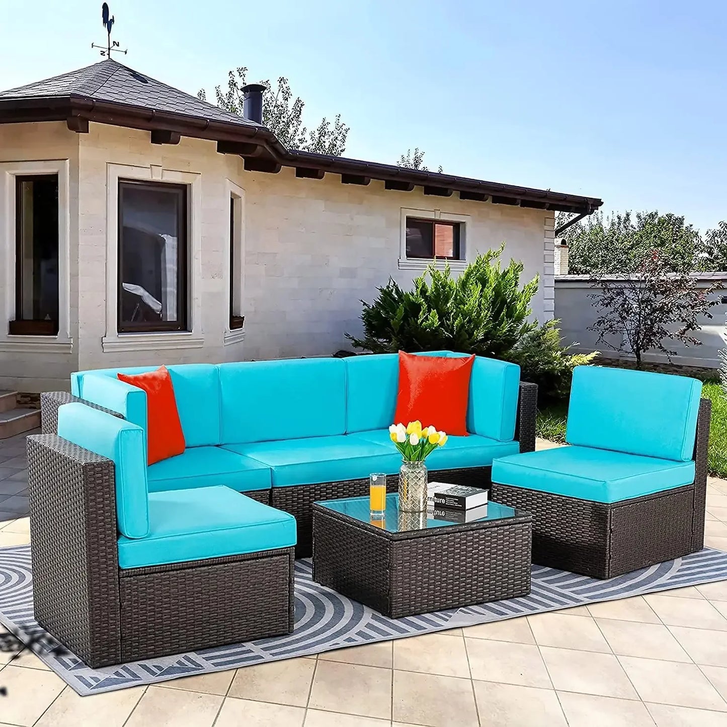 Bestseller5 pieces patio furniture sets, wicker outdoor sectional furniture with glass table and cushions, rattan patio conversa