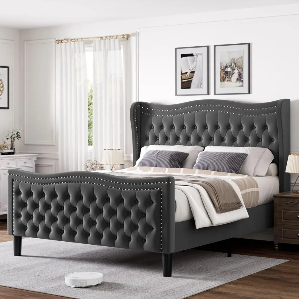 Full Bed Frame with Tall Headboard & Footboard,Velvet Upholstered Platform Bed Frame with Deep Button Tufted Wingback,Customized