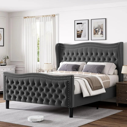 Full Bed Frame with Tall Headboard & Footboard,Velvet Upholstered Platform Bed Frame with Deep Button Tufted Wingback,Customized