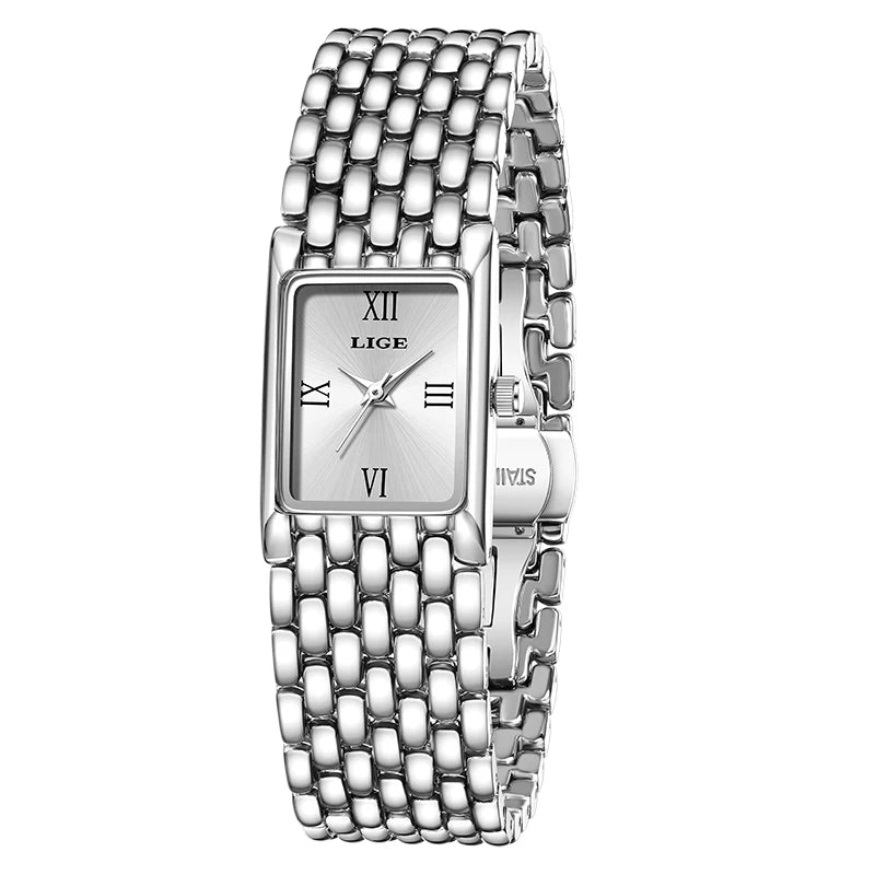 LIGE Luxury Golden Womens Wristwatch Square Quartz Steel Watch for Woman Elegant Bracelet Waterproof Fashion Ladies Watches+Box