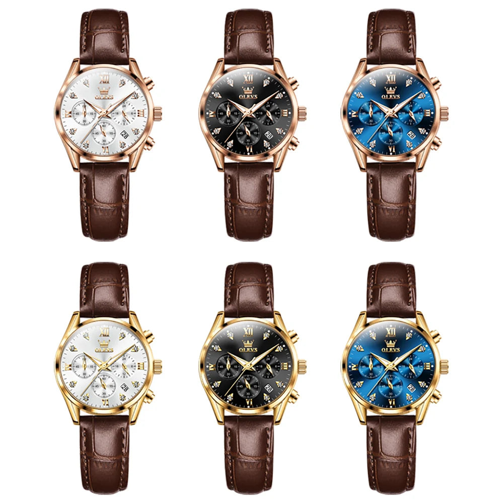 OLEVS Women's Watches Luxury Waterproof Luminous Quartz Watch Multifunctional Leather Strap Original Certified Brand Wristwatch