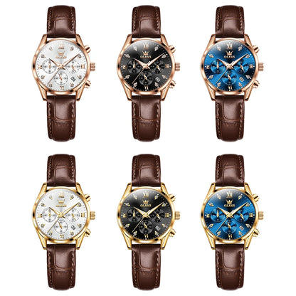 OLEVS Women's Watches Luxury Waterproof Luminous Quartz Watch Multifunctional Leather Strap Original Certified Brand Wristwatch
